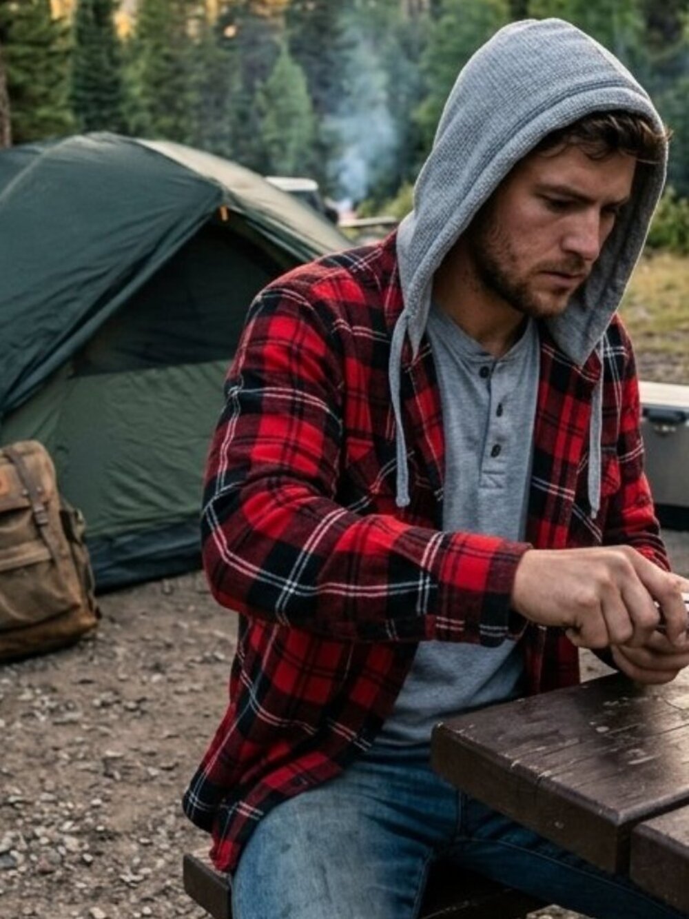 Amnesia Men's Classic Red Buffalo Plaid Flannel Hooded Shirt Jacket Button Down